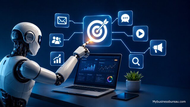 AI-powered marketing automation dashboard with robotic assistant