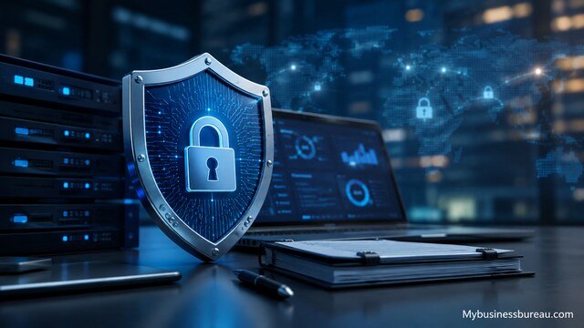 Protect business data with cybersecurity using digital security solutions.