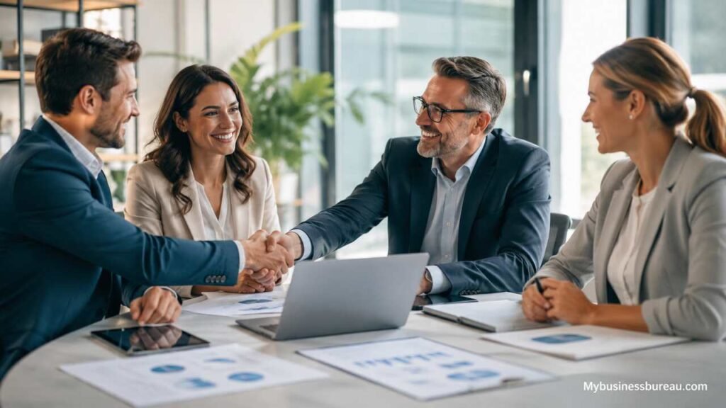 Business professionals discussing growth strategies in a modern office