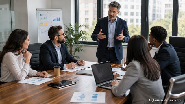 Business consultants discussing strategic growth solutions