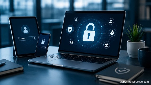 Business cybersecurity protection on devices and user accounts