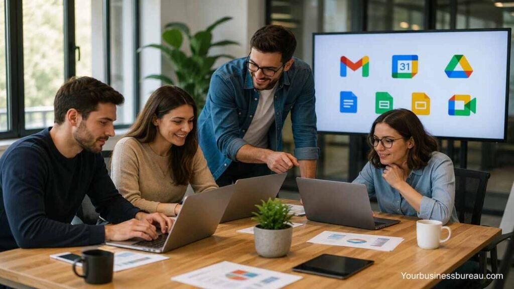 Google Workspace Business Model: Build Revenue, Scale Productivity, and Strengthen Customer Retention Business team using Google Workspace tools for productivity and collaboration