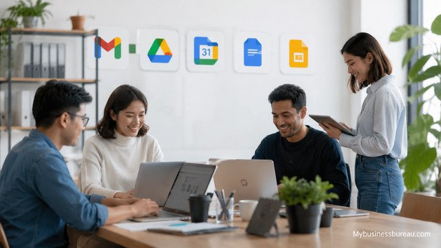 Professionals collaborating with Google Workspace tools in a modern office