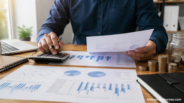 Business professional reviewing cash flow reports and financial documents