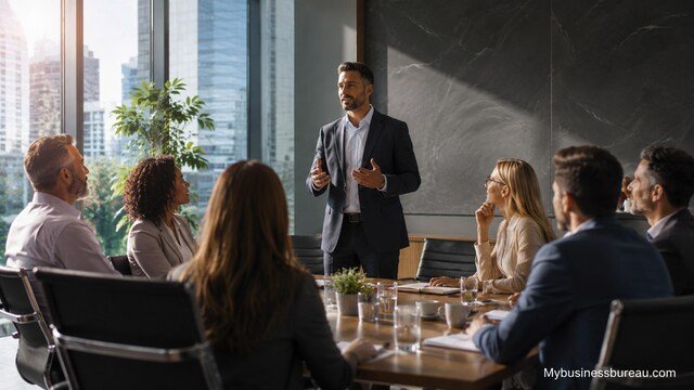 Business leader presenting thought leadership strategy in a corporate meeting