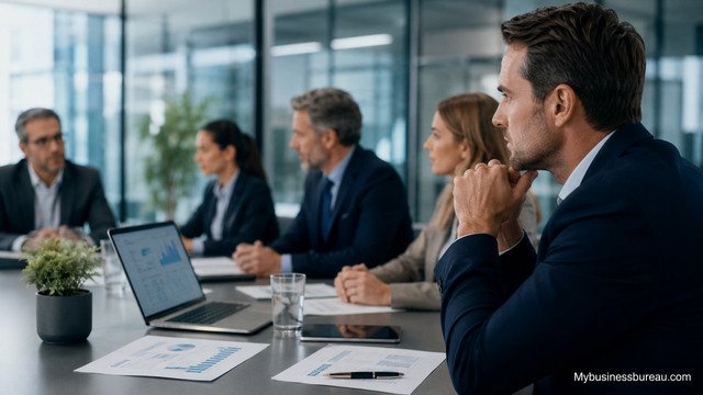 Company leadership team in a boardroom meeting