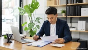 Business owner reviewing business license application documents
