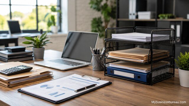 Business asset management workspace with organized documents and digital tracking tools