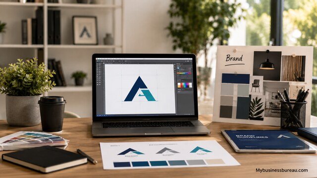 Business branding customization workspace with logo and brand assets