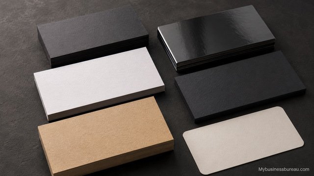 Business cards showcasing different card stock thicknesses and premium finish options.