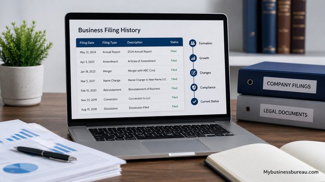 Business filing history displayed on a laptop in a professional office