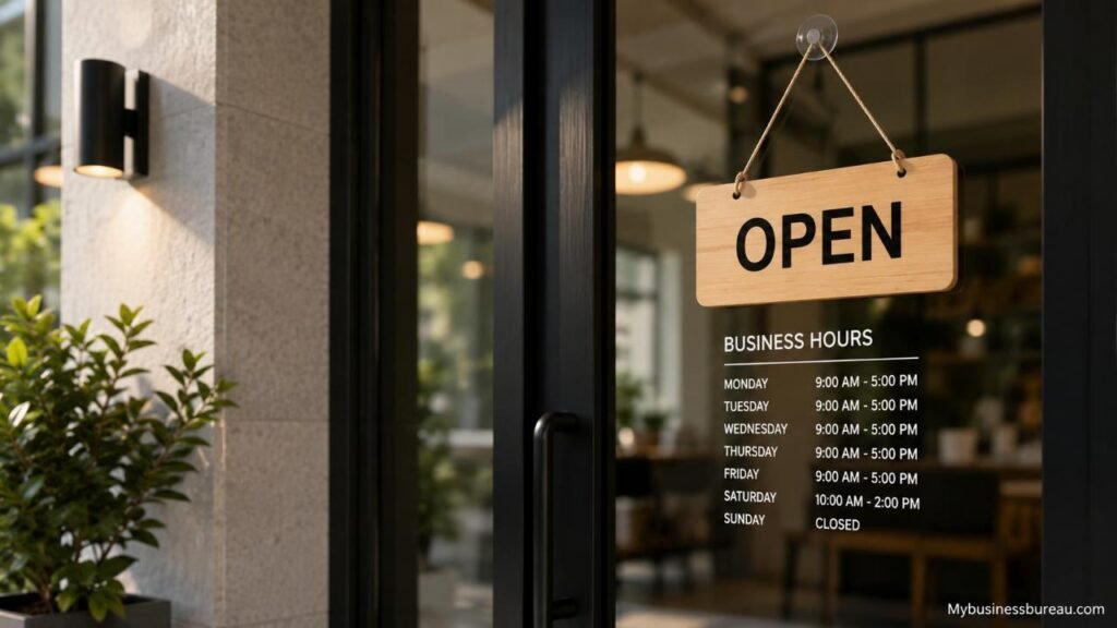 Business Hours: Create, Manage, and Optimize Operating Hours Business storefront displaying business hours and open sign