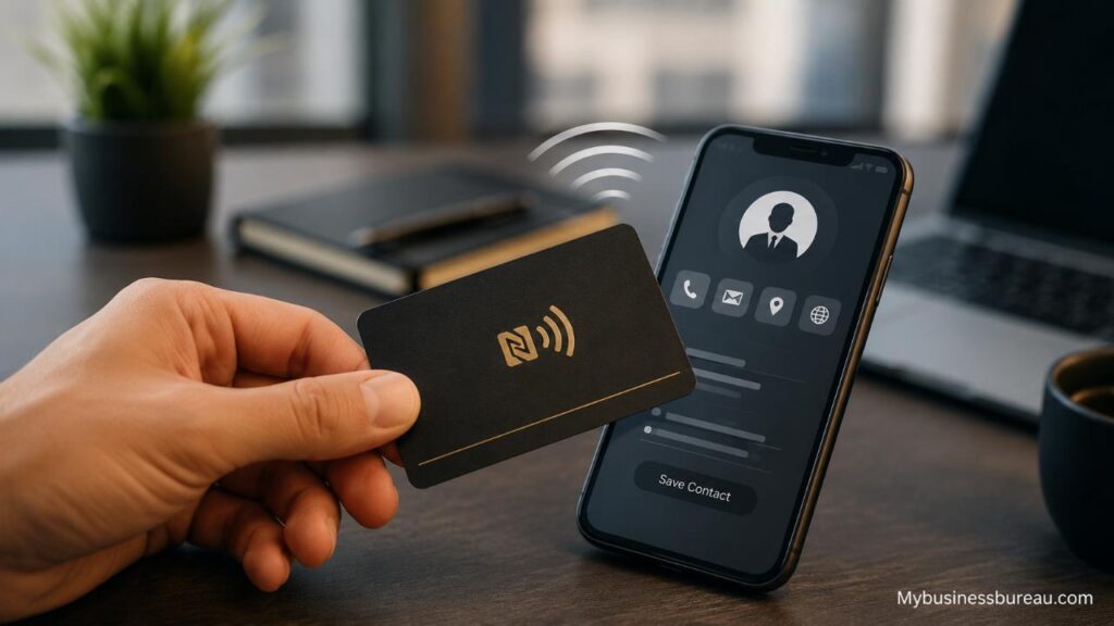 NFC Business Cards: The Complete Guide to Smarter Digital Networking Person tapping an NFC business card on a smartphone for instant contact sharing.