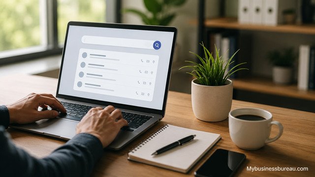 Search business names using keywords on a laptop