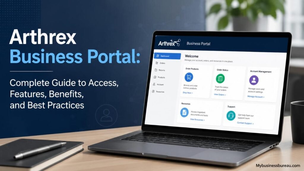 Arthrex Business Portal: Complete Guide to Access, Features, Benefits, and Best Practices Arthrex Business Portal dashboard on a laptop with guide title.