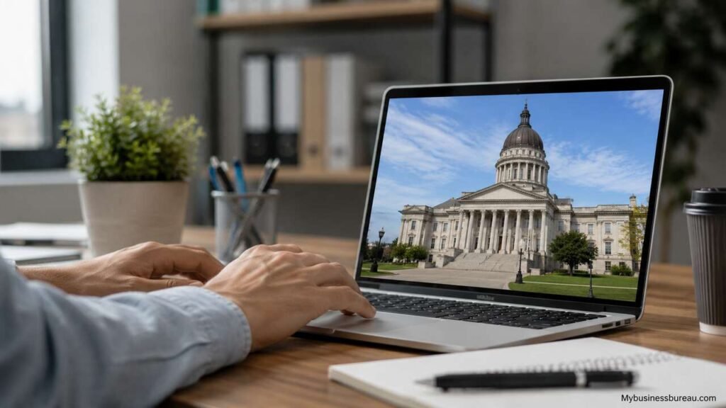 Virginia Secretary of State business search on a laptop