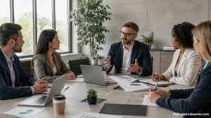 Business professionals managing a productive meeting in a modern office