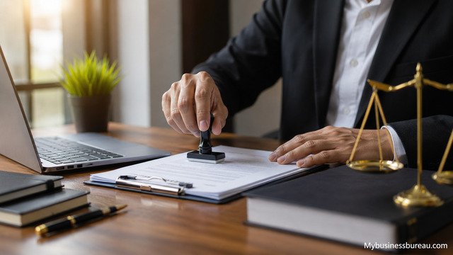 Business professional confirming registered agent and registered office documents