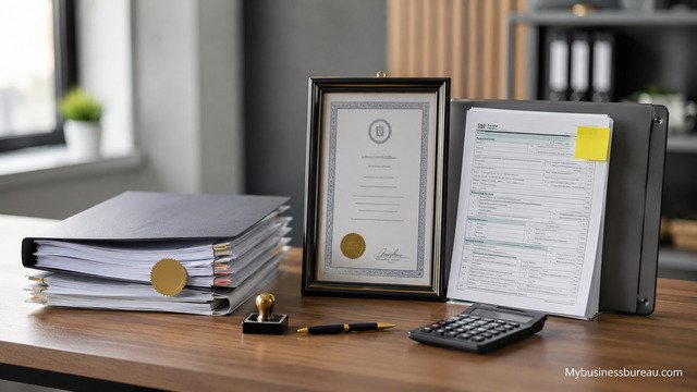 Business records, licenses, and tax account documents on an office desk