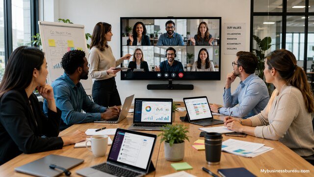 Team using technology and collaboration tools during a business meeting