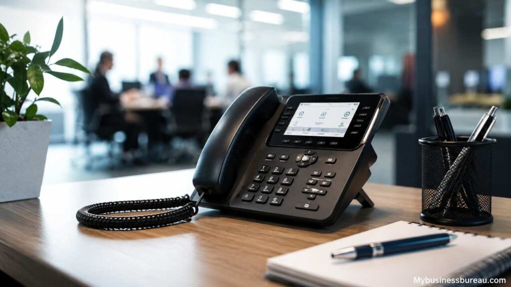 Modern business desk phone in a professional office setting