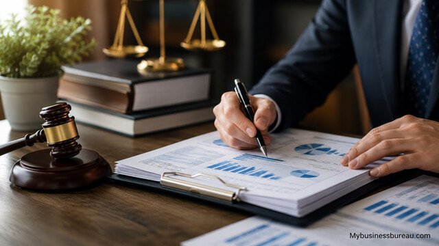 Business professional reviewing bankruptcy filing and restructuring plan documents