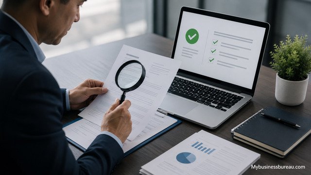 Business professional reviewing entity status documents before a transaction