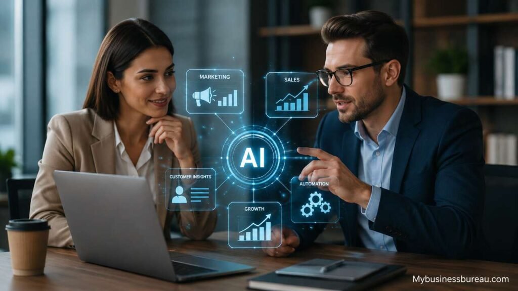 AI for marketing and sales growth dashboard with business professionals