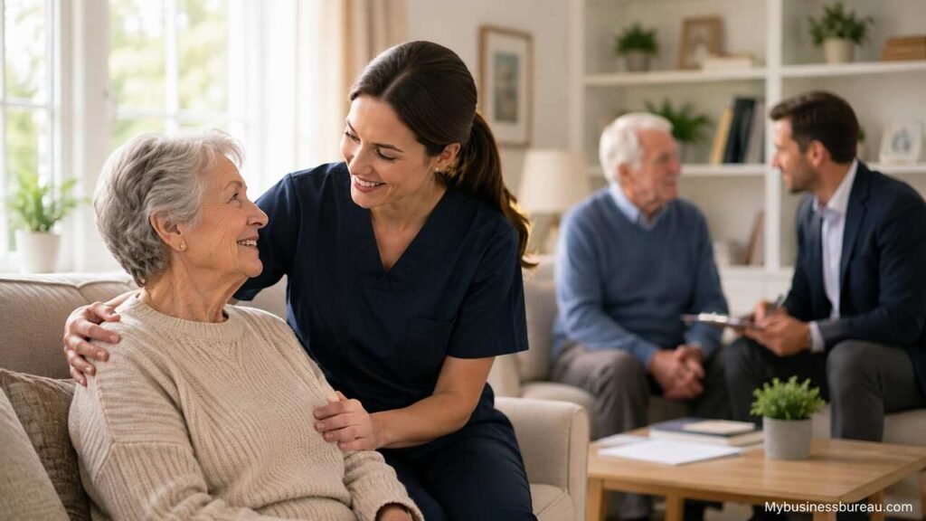 Caregiver and consultant discussing a senior care business acquisition.