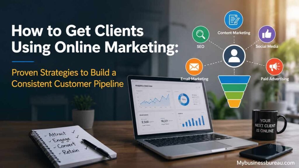 How to get clients using online marketing using SEO, content marketing, social media, email marketing, and paid advertising.