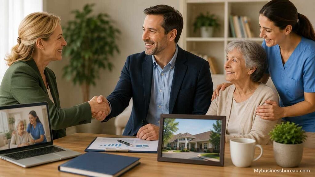 Buy a Senior Care Business: The Complete Guide to Finding, Evaluating, and Financing Professionals finalizing the purchase of a senior care business with a caregiver and elderly client.