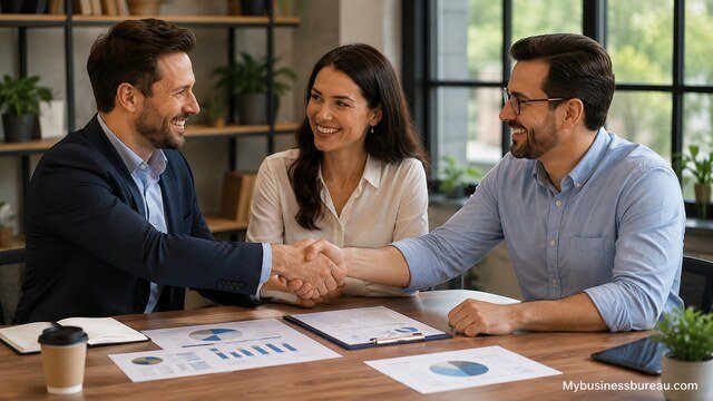 Professionals shaking hands during a business partnership meeting