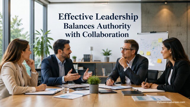Business partners collaborating on effective leadership strategies in a modern office.