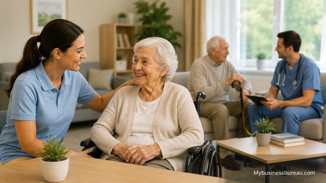 Caregiver assisting seniors in a professional senior care facility