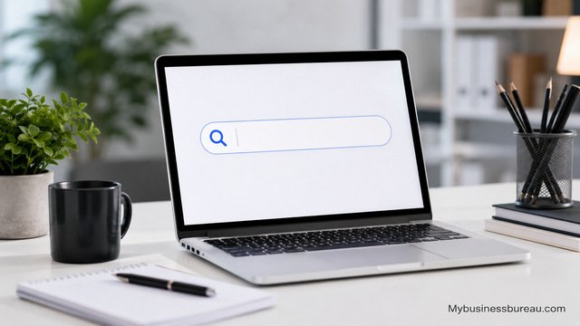 Laptop displaying a business name search interface
