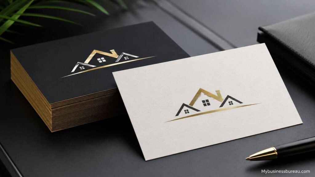 Professional real estate business cards with a modern luxury design.