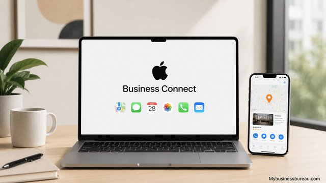 Create an Apple Business Connect account on a laptop with Apple Maps business listing displayed.