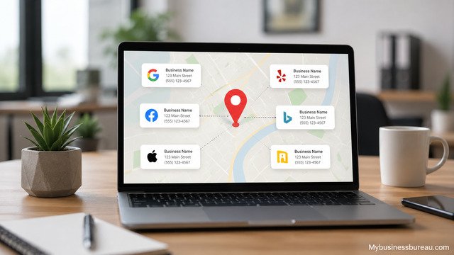 Laptop showing consistent business information across online listings