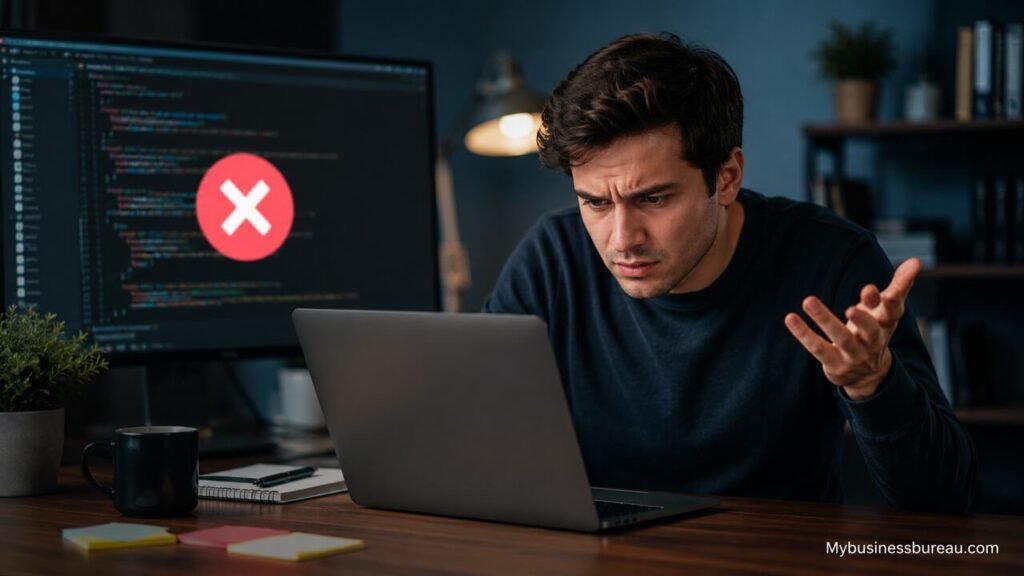 Developer troubleshooting GenBoosterMark code execution errors on a laptop.