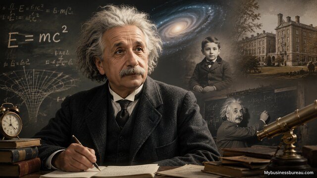 Albert Einstein's early life and scientific legacy illustrated with physics equations and cosmic background.