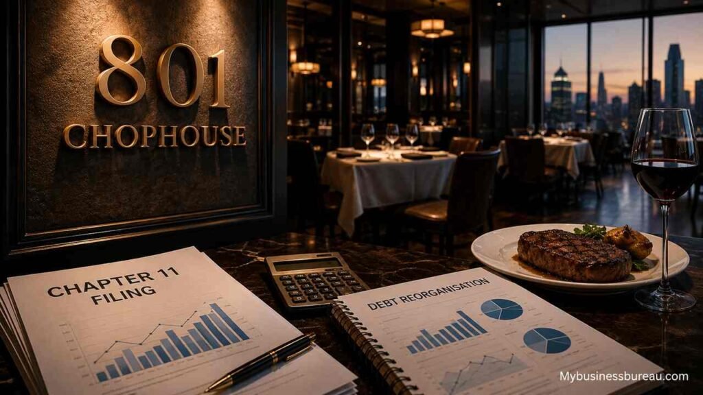 801 Chophouse Business Restructure: Chapter 11 Filing, Debt Reorganisation, Restaurant Operations, and Future Outlook 801 Chophouse business restructure with Chapter 11 filing and debt reorganisation concept.