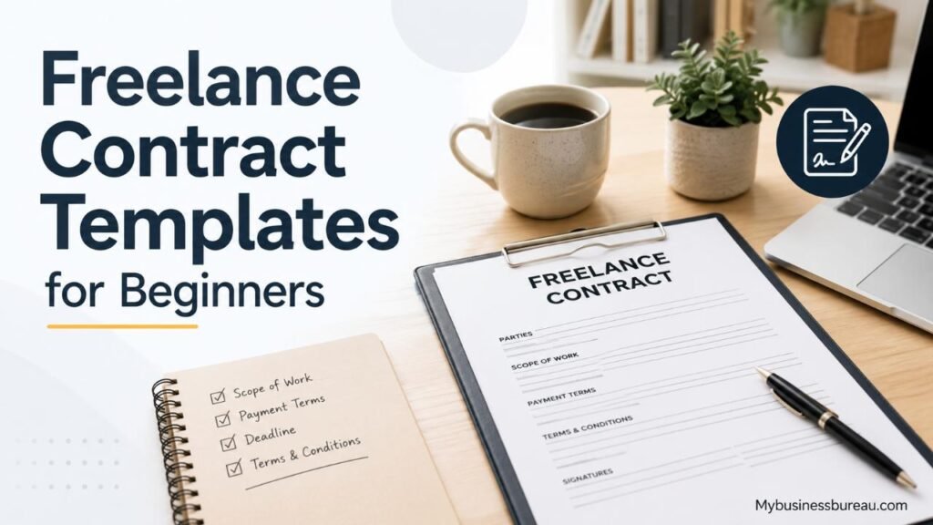 Freelance contract template for beginners on a professional workspace