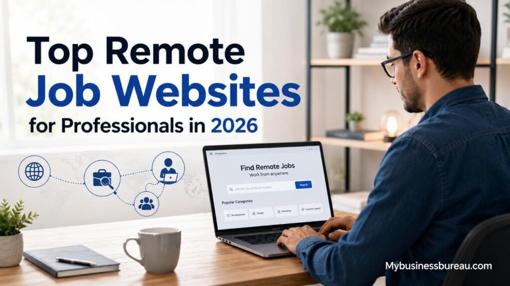 Professional searching top remote job websites in 2026 from a home office.