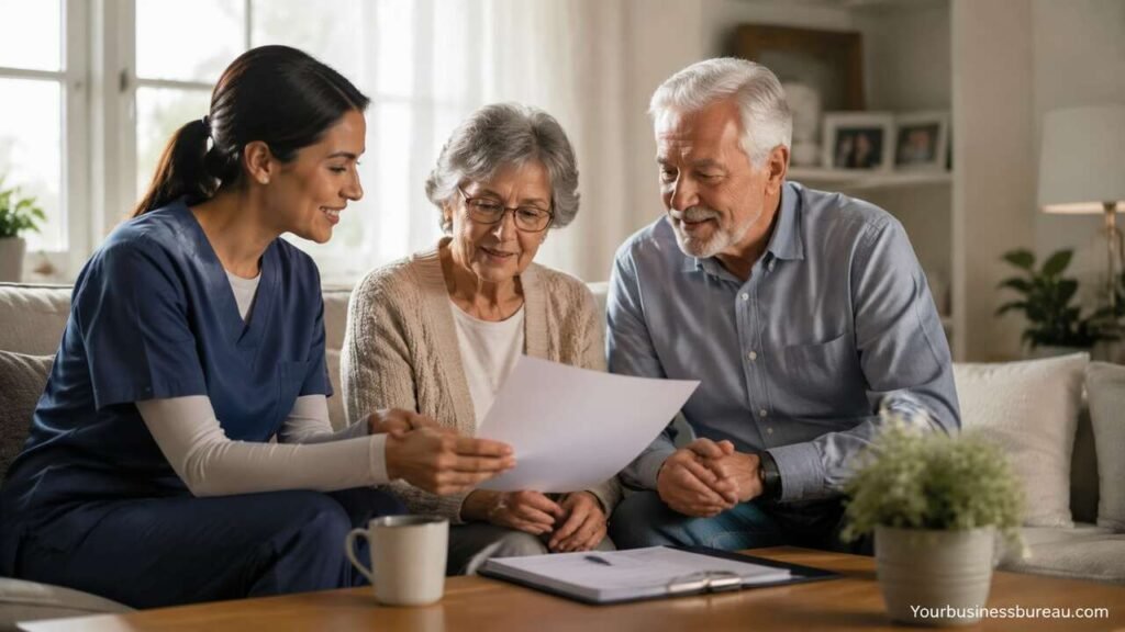 Buy a Home Care Business: Complete Guide to Acquiring a Senior Care and In-Home Healthcare Company Caregiver discussing home care business documents with elderly clients