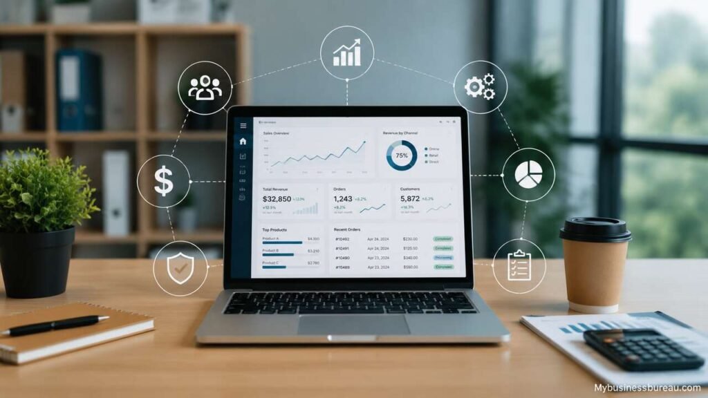Business Management System: Build an Integrated Platform for Efficient Operations, Growth, and Decision-Making Business management system dashboard on laptop for efficient operations