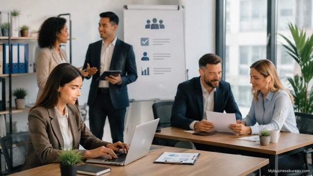Human resources and employee management team working in a modern office