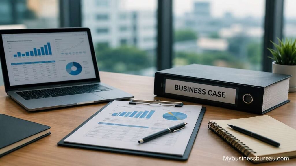 Business Case Template: Build a Winning Business Case That Secures Approval Business case template with business planning documents on an office desk.