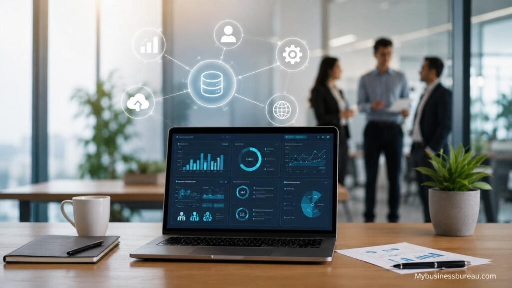 Business Information Systems: A Complete Guide to Improving Organizational Performance Business Information System dashboard in a modern office