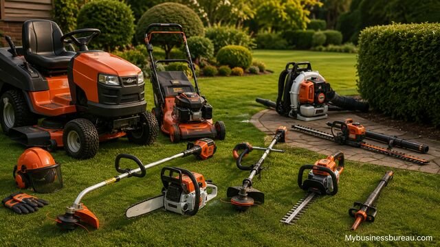 Professional landscaping equipment arranged on a landscaped lawn for commercial outdoor maintenance.