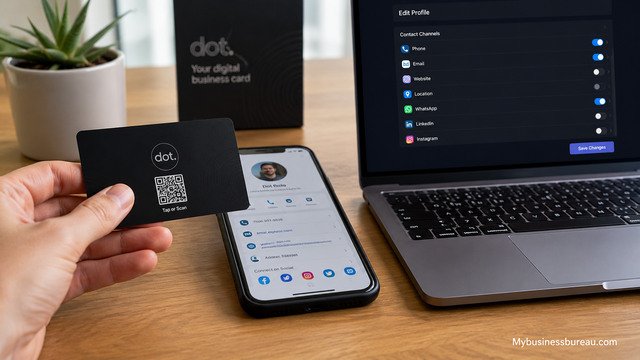 Configure DOT card with multiple contact sharing options on a smartphone.